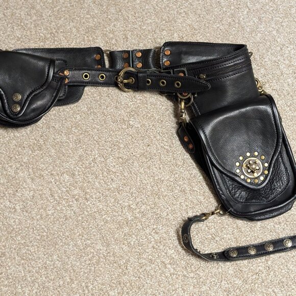 Earth Nynja Handmade Leather Utility Pocket Belt & Thigh Bag - Black/Brass - Picture 4 of 15
